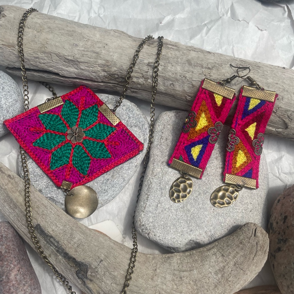 Embroidered Persian Earrings necklace set| dangling fabric handmade earr…